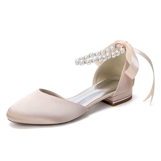 Elegant Pearl Ankle Strap Flats – Comfortable Low Heel Wedding & Bridal Shoes