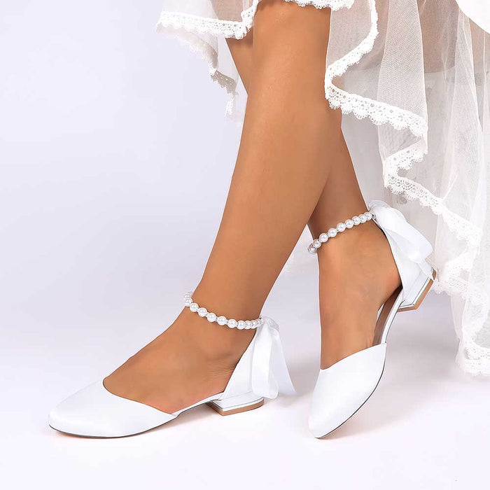Elegant Pearl Ankle Strap Flats – Comfortable Low Heel Wedding & Bridal Shoes