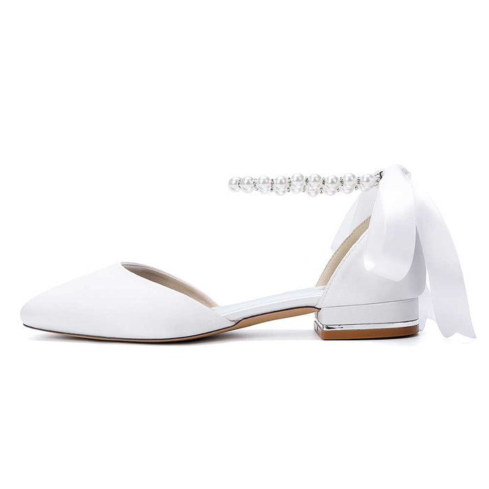 Elegant Pearl Ankle Strap Flats – Comfortable Low Heel Wedding & Bridal Shoes