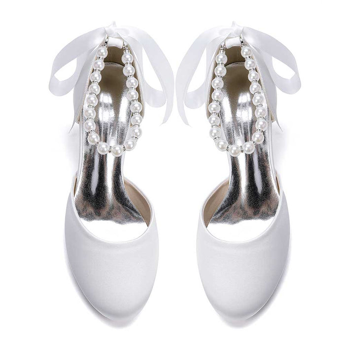 Elegant Pearl Ankle Strap Flats – Comfortable Low Heel Wedding & Bridal Shoes