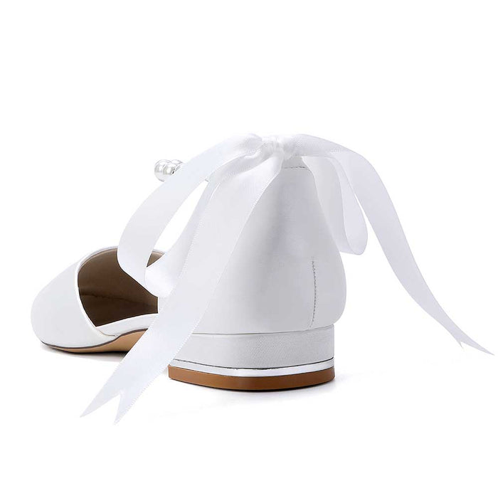 Elegant Pearl Ankle Strap Flats – Comfortable Low Heel Wedding & Bridal Shoes