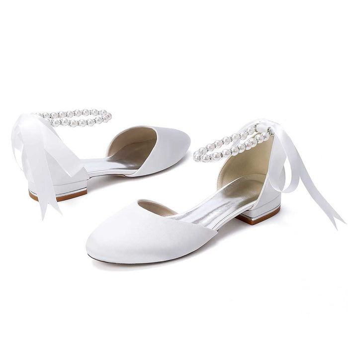 Elegant Pearl Ankle Strap Flats – Comfortable Low Heel Wedding & Bridal Shoes