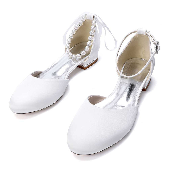 Elegant Pearl Ankle Strap Flats – Comfortable Low Heel Wedding & Bridal Shoes