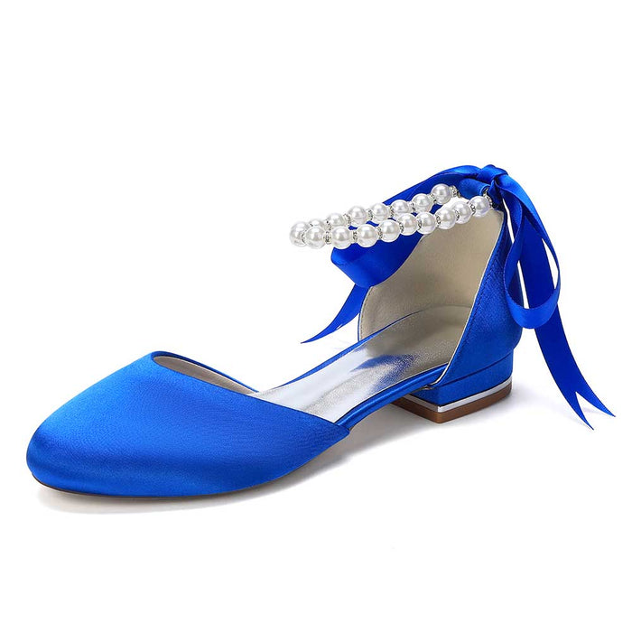 Elegant Pearl Ankle Strap Flats – Comfortable Low Heel Wedding & Bridal Shoes