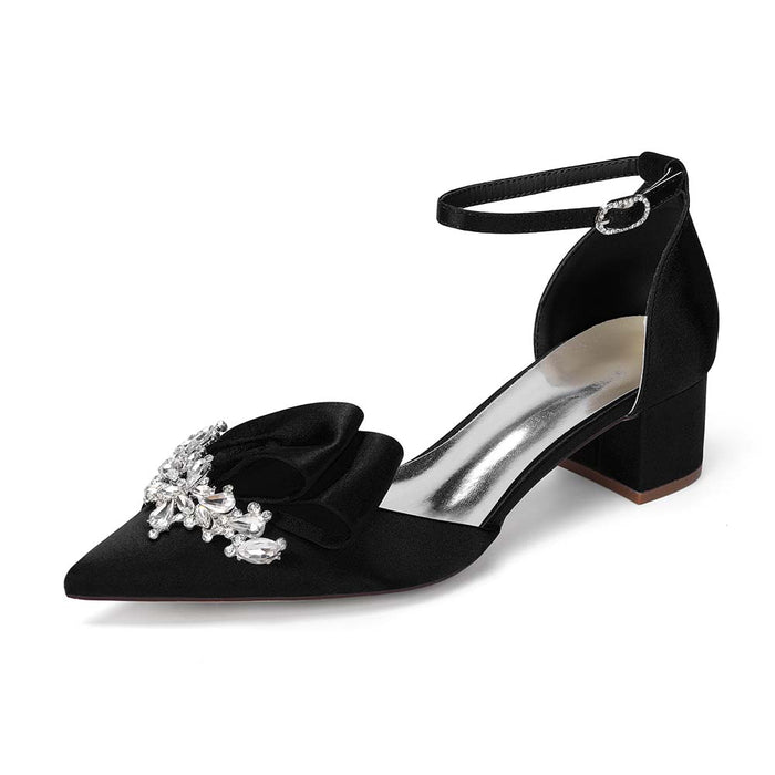 Elegant Satin Ankle Strap Mid Heel Shoes with Crystal Embellishment & Bow