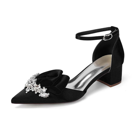 Elegant Satin Ankle Strap Mid Heel Shoes with Crystal Embellishment & Bow