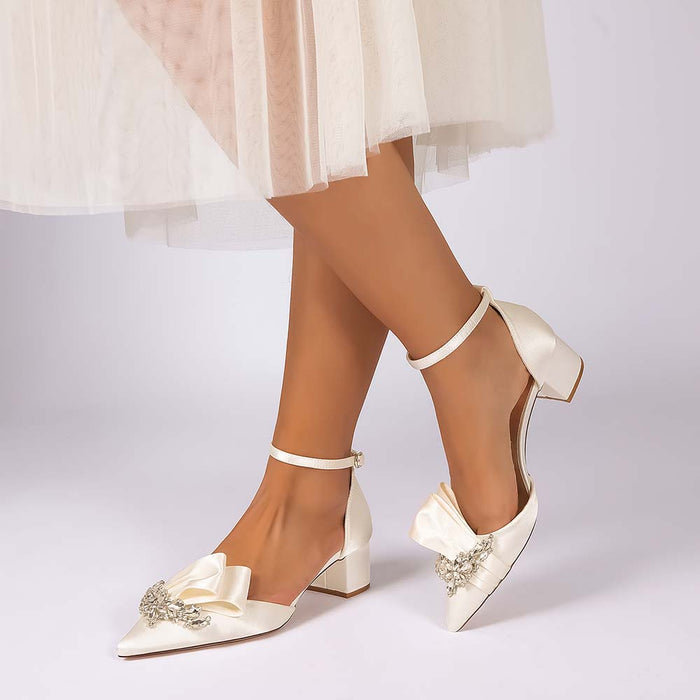 Elegant Satin Ankle Strap Mid Heel Shoes with Crystal Embellishment & Bow