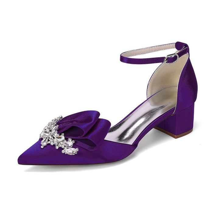 Elegant Satin Ankle Strap Mid Heel Shoes with Crystal Embellishment & Bow