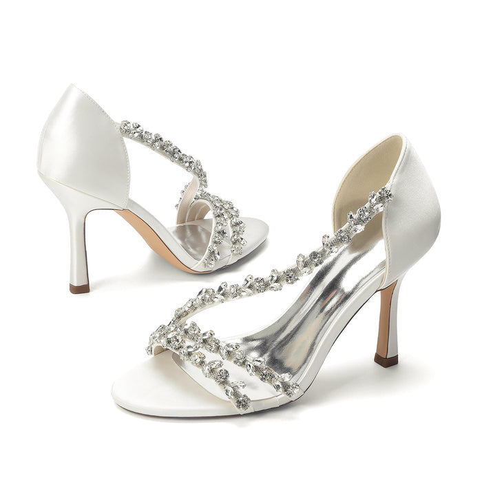 Elegant Satin Bridal Sandals with Crystal Rhinestone, Women's High Heel Shoes for Wedding Dress, Formal Party & Bride