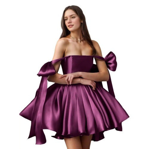 Elegant Satin Mini Dress – Off-Shoulder with Bows & Flared Skirt – Perfect for Parties, Proms, Weddings & Special Occasions