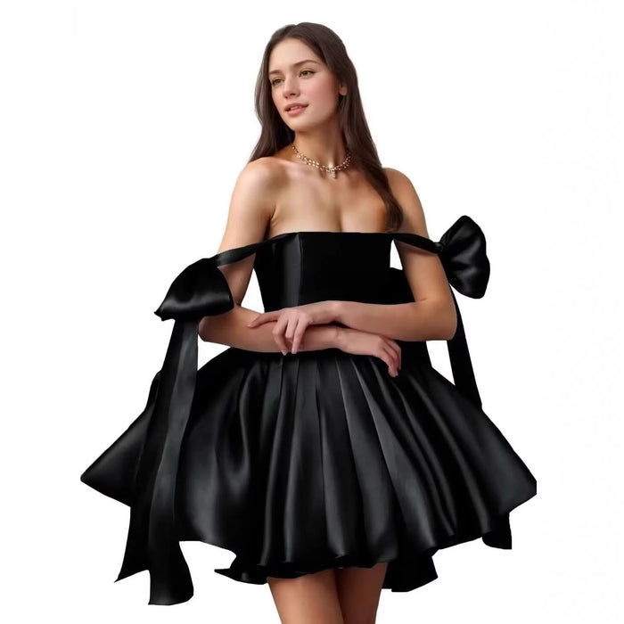 Elegant Satin Mini Dress – Off-Shoulder with Bows & Flared Skirt – Perfect for Parties, Proms, Weddings & Special Occasions