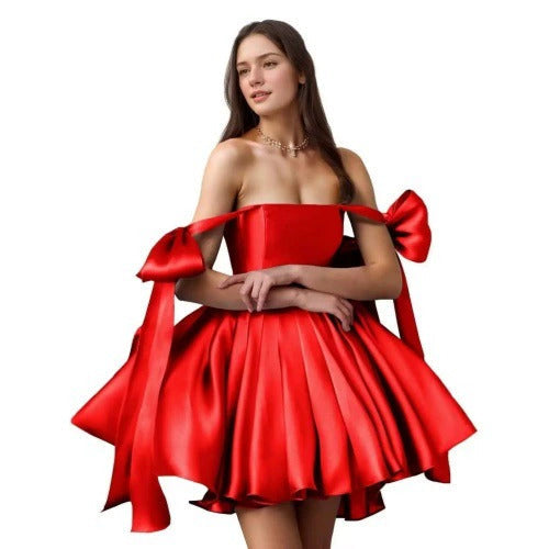 Elegant Satin Mini Dress – Off-Shoulder with Bows & Flared Skirt – Perfect for Parties, Proms, Weddings & Special Occasions