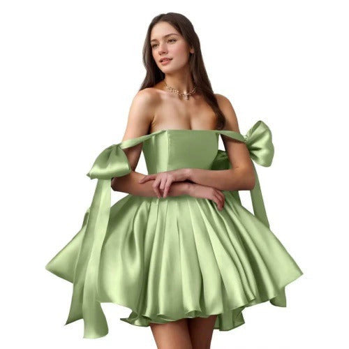 Elegant Satin Mini Dress – Off-Shoulder with Bows & Flared Skirt – Perfect for Parties, Proms, Weddings & Special Occasions