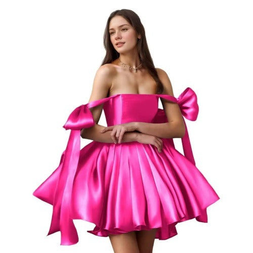 Elegant Satin Mini Dress – Off-Shoulder with Bows & Flared Skirt – Perfect for Parties, Proms, Weddings & Special Occasions