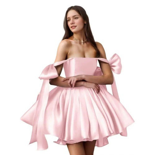 Elegant Satin Mini Dress – Off-Shoulder with Bows & Flared Skirt – Perfect for Parties, Proms, Weddings & Special Occasions