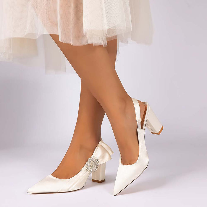 Elegant Satin Slingback Wedding Shoes for Bride, Crystal Embellished Chunky Heel Bridal Pumps