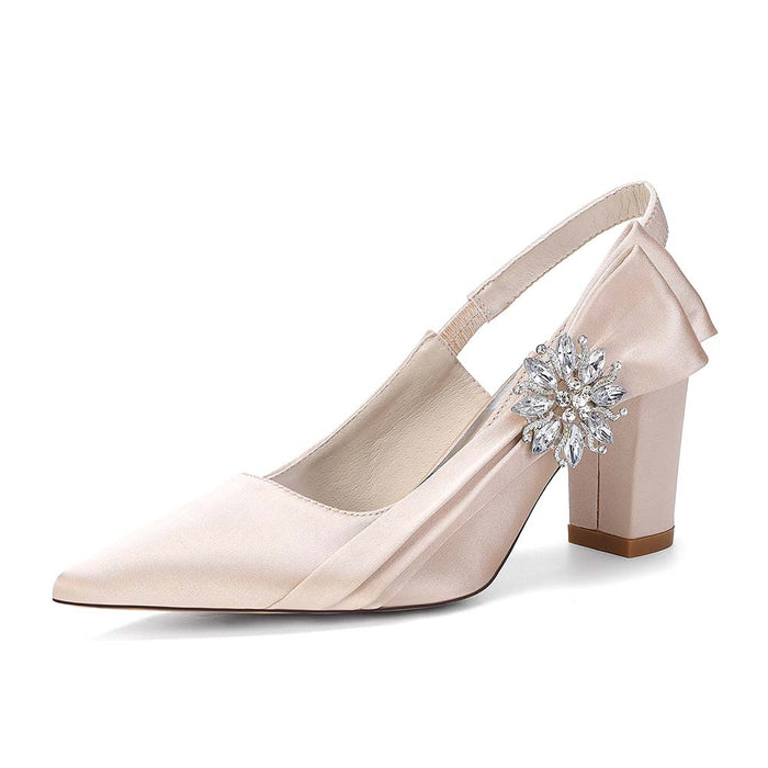Elegant Satin Slingback Wedding Shoes for Bride, Crystal Embellished Chunky Heel Bridal Pumps
