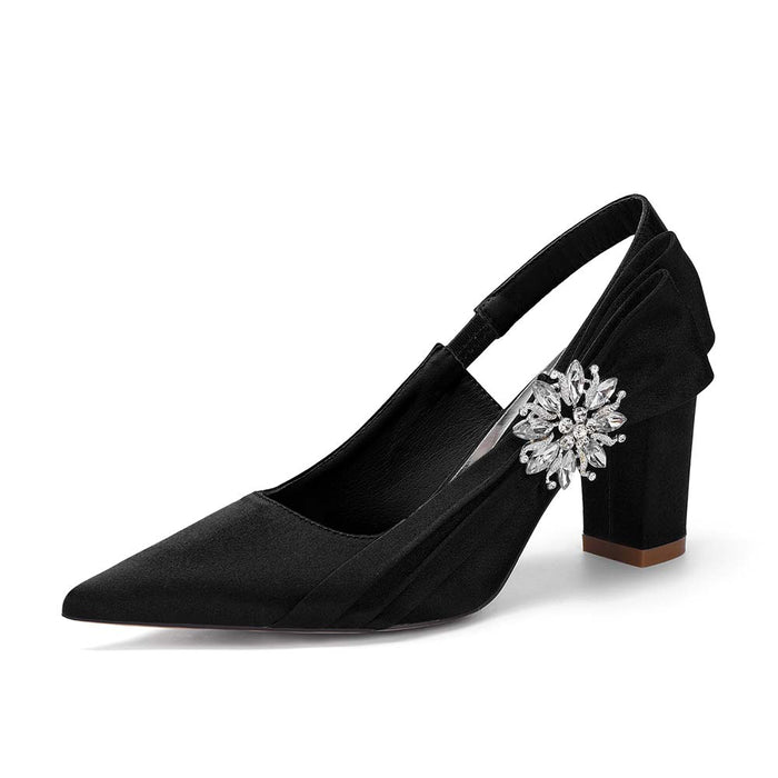 Elegant Satin Slingback Wedding Shoes for Bride, Crystal Embellished Chunky Heel Bridal Pumps