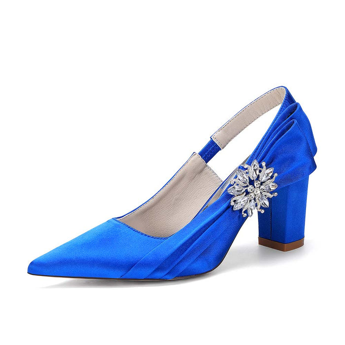 Elegant Satin Slingback Wedding Shoes for Bride, Crystal Embellished Chunky Heel Bridal Pumps