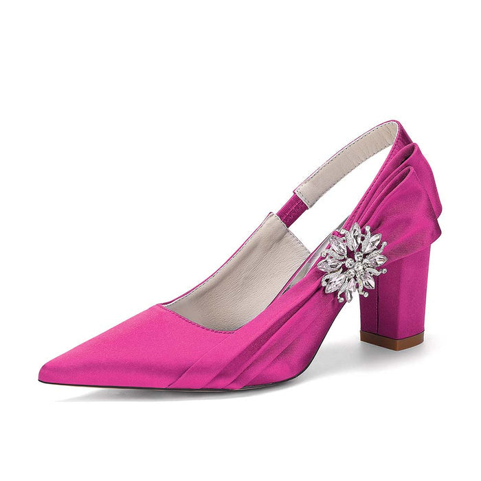 Elegant Satin Slingback Wedding Shoes for Bride, Crystal Embellished Chunky Heel Bridal Pumps