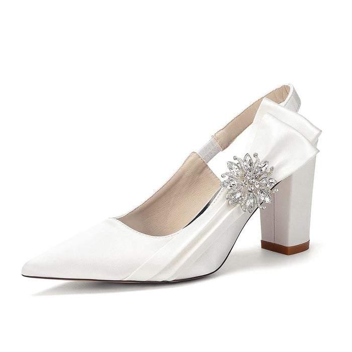 Elegant Satin Slingback Wedding Shoes for Bride, Crystal Embellished Chunky Heel Bridal Pumps