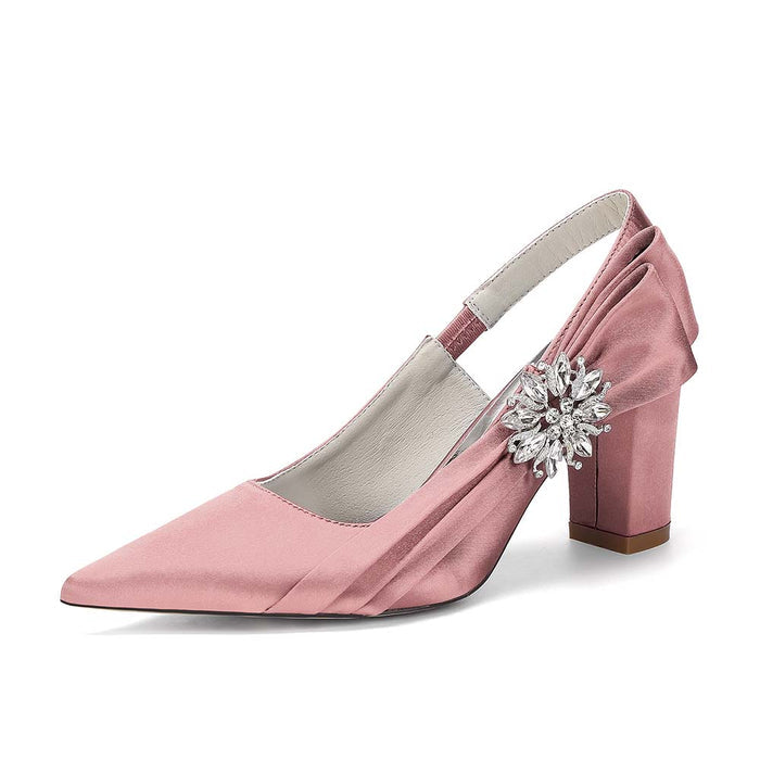 Elegant Satin Slingback Wedding Shoes for Bride, Crystal Embellished Chunky Heel Bridal Pumps