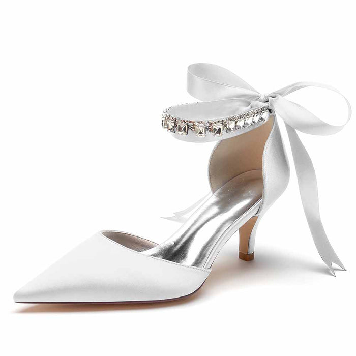 Elegant TC wedding heels shoes with satin finish and crystal-embellished ankle strap