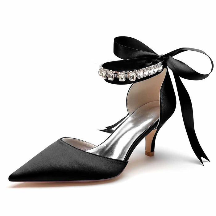 Elegant black wedding heels shoes with a stylish ankle strap and bow detail for special occasions