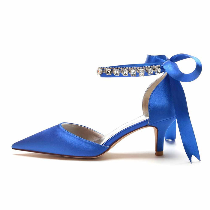 Elegant blue satin wedding heels shoes with ankle strap and rhinestone embellishments