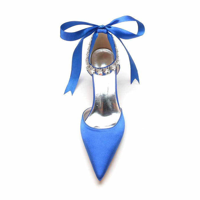 Elegant blue wedding heels shoes with a satin finish and stylish bow detail