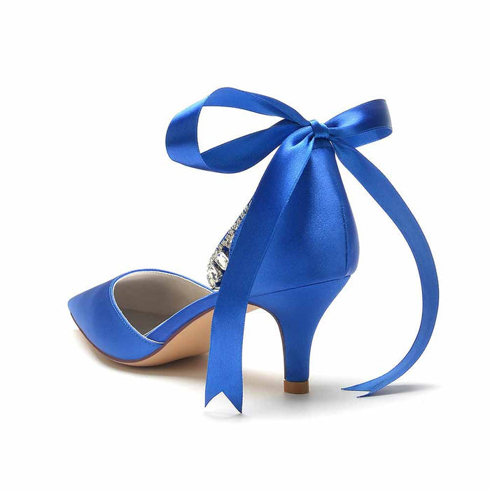 Elegant blue TC wedding heels shoes with a satin finish and stylish bow detail at the back