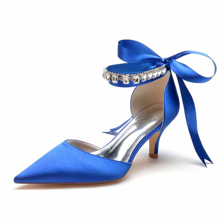 Elegant blue satin wedding heels shoes with ankle strap and crystal embellishment for stylish brides