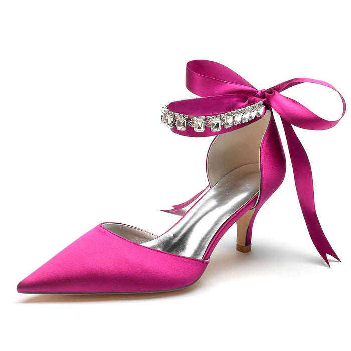 TC Pink Satin Wedding Heels Shoes with Rhinestone Ankle Strap and Elegant Ribbon Tie