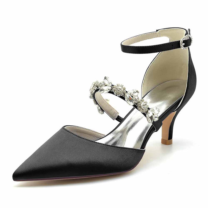 Elegant black wedding heels shoes with embellished straps and a stylish pointed toe design