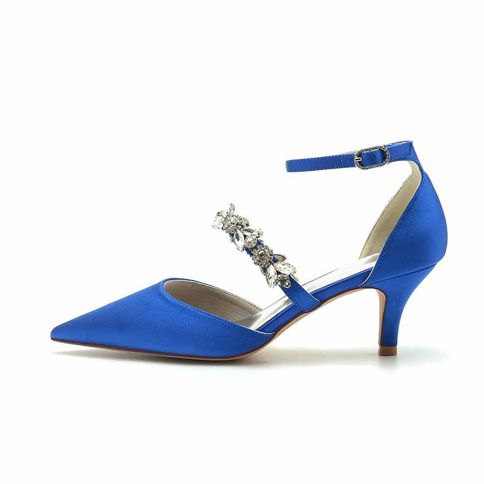 Elegant blue wedding heels shoes with a sparkling jewel detail and a stylish ankle strap
