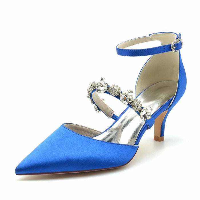 Elegant blue wedding heels shoes with jeweled straps and a chic pointed toe design
