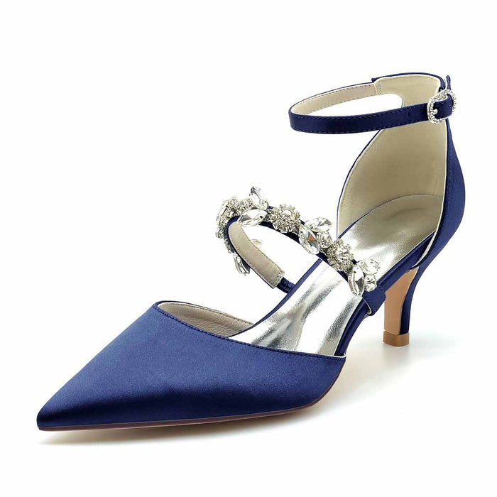Elegant navy blue wedding heels shoes with jeweled straps and a stylish pointed toe design