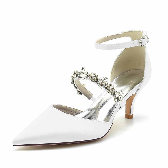 Elegant white wedding heels shoes with rhinestone embellishments and a chic ankle strap