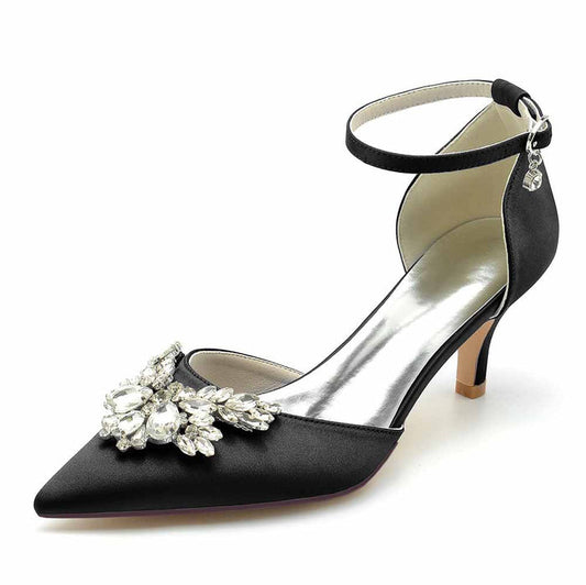 Elegant black wedding heels shoes with jeweled embellishment and ankle strap for a stylish bridal look