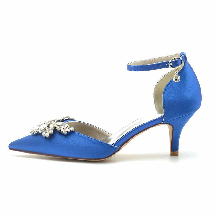 Elegant blue wedding heels shoes with a jeweled embellishment and ankle strap for a charming bridal look