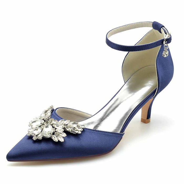 Elegant blue wedding heels shoes with jeweled embellishment and ankle strap for brides