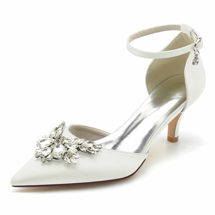 Elegant white wedding heels shoes with jeweled embellishments and ankle strap for brides
