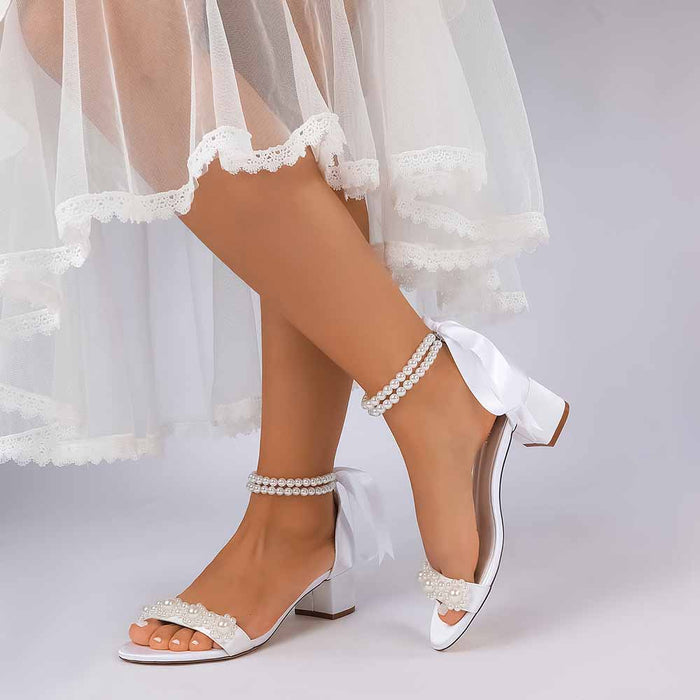 Elegant Women's Pearl Block Heel Sandals - Perfect for Wedding, Bridal & Formal Events