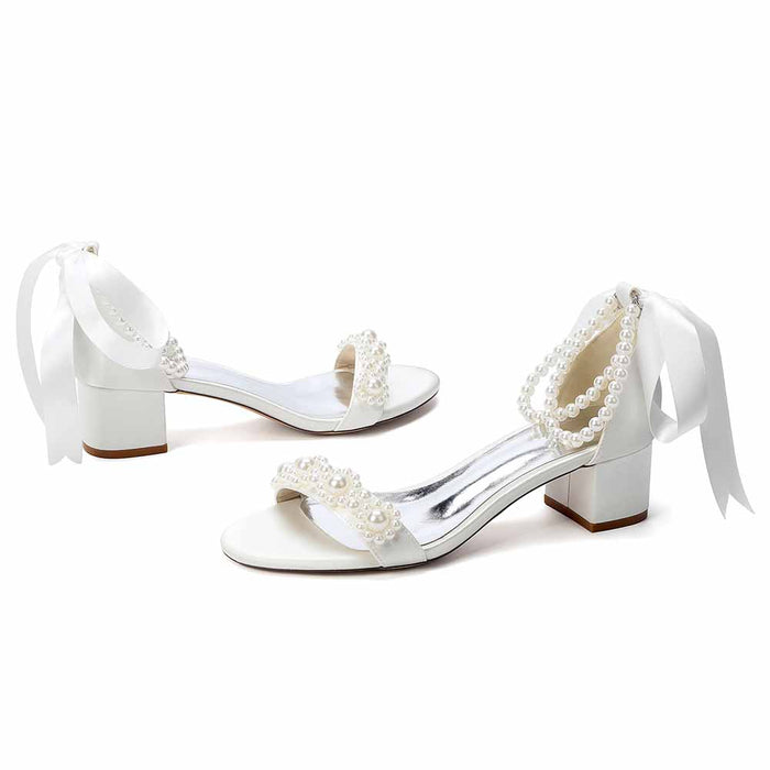 Elegant Women's Pearl Block Heel Sandals - Perfect for Wedding, Bridal & Formal Events