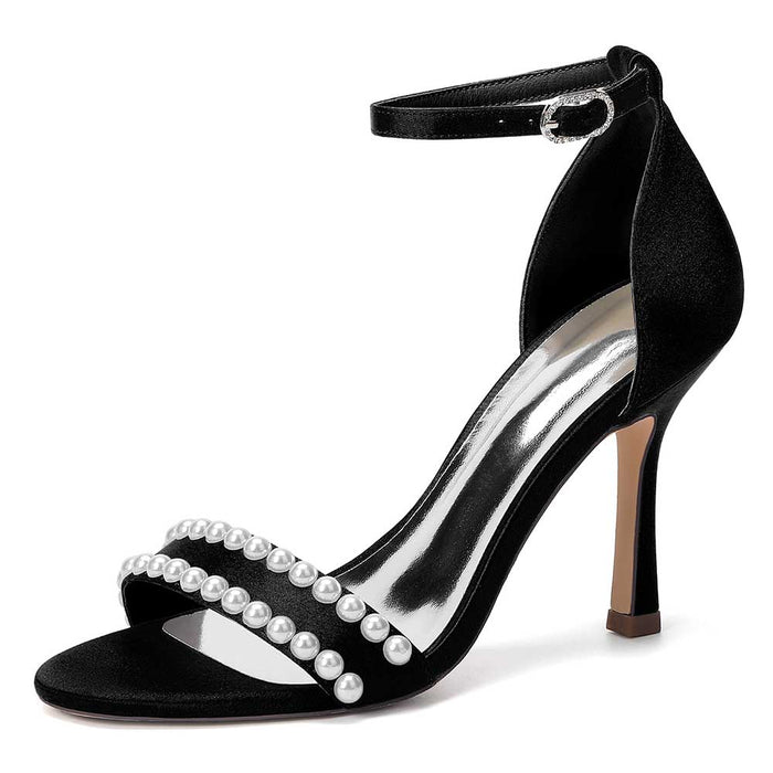 Elegant Women's Pearl Embellished Ankle Strap Stiletto High Heel Sandals - Bridal Wedding & Formal Evening Shoes