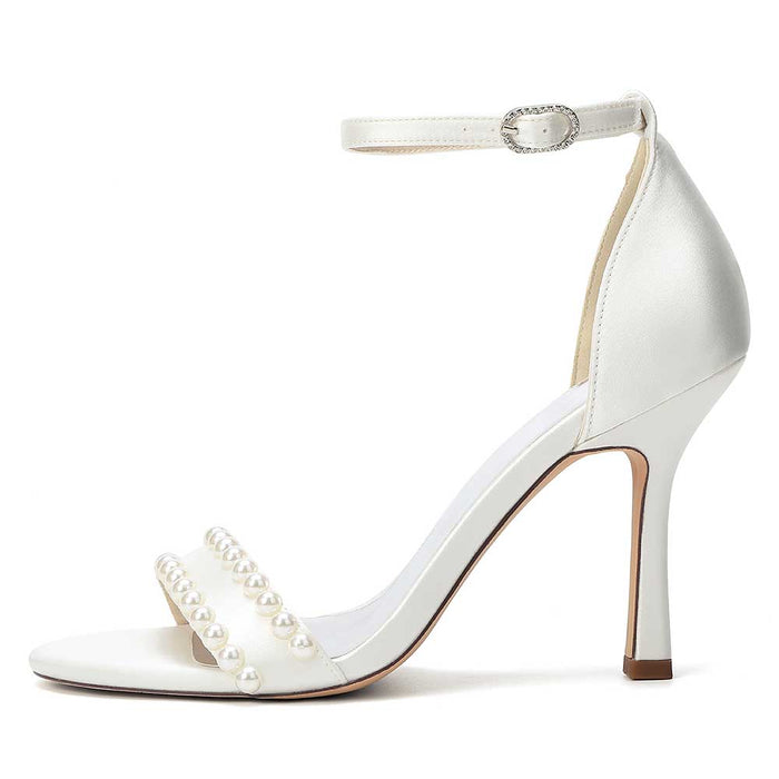 Elegant Women's Pearl Embellished Ankle Strap Stiletto High Heel Sandals - Bridal Wedding & Formal Evening Shoes