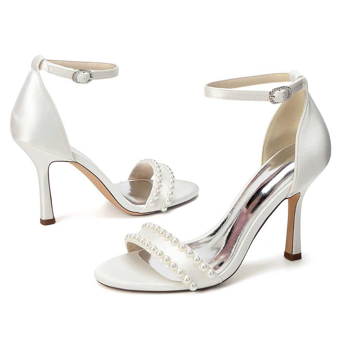 Elegant Women's Pearl Embellished Ankle Strap Stiletto High Heel Sandals - Bridal Wedding & Formal Evening Shoes