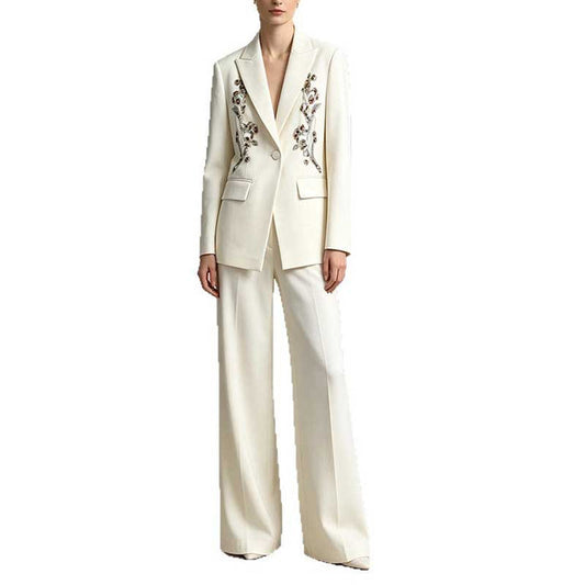 Elegant Women's White Sequin Floral Embroidered Blazer and Wide-Leg Pant Suit Set