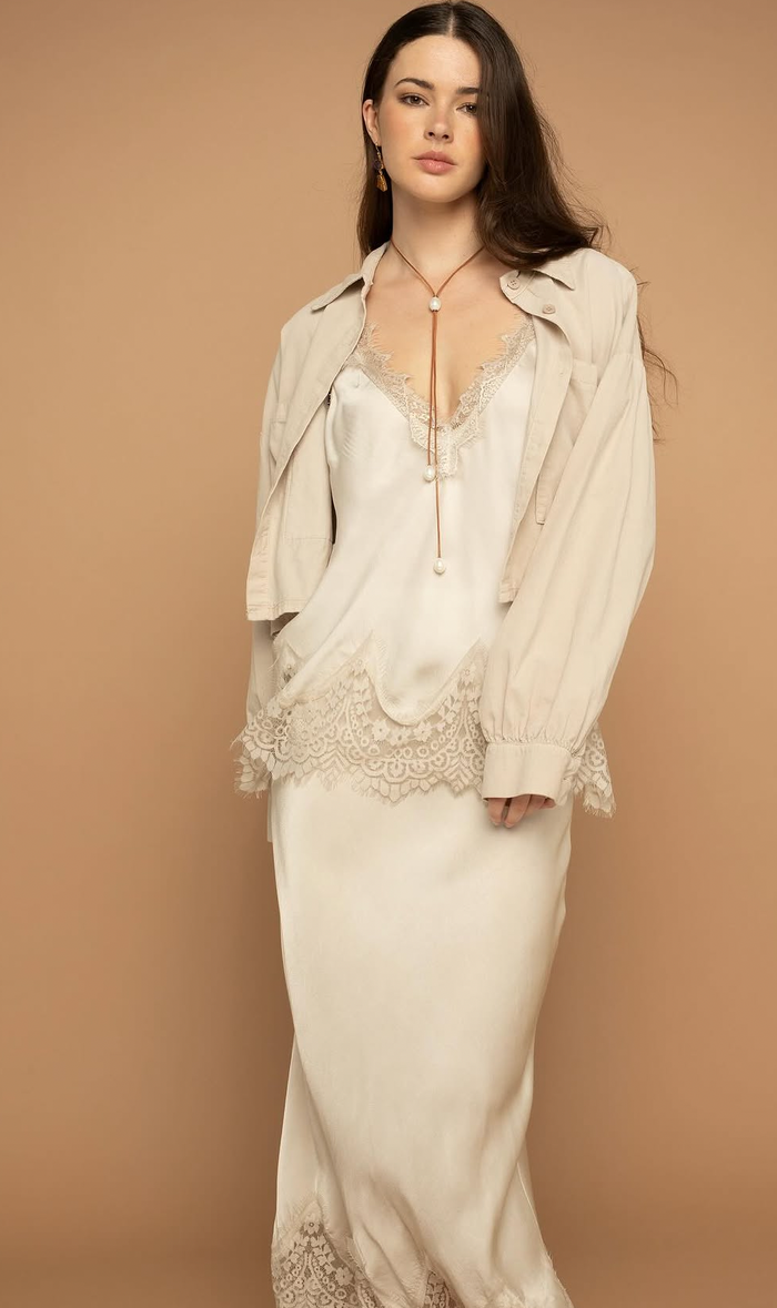 Elizabeth Scott Satin Skirt with Lace details  Stone