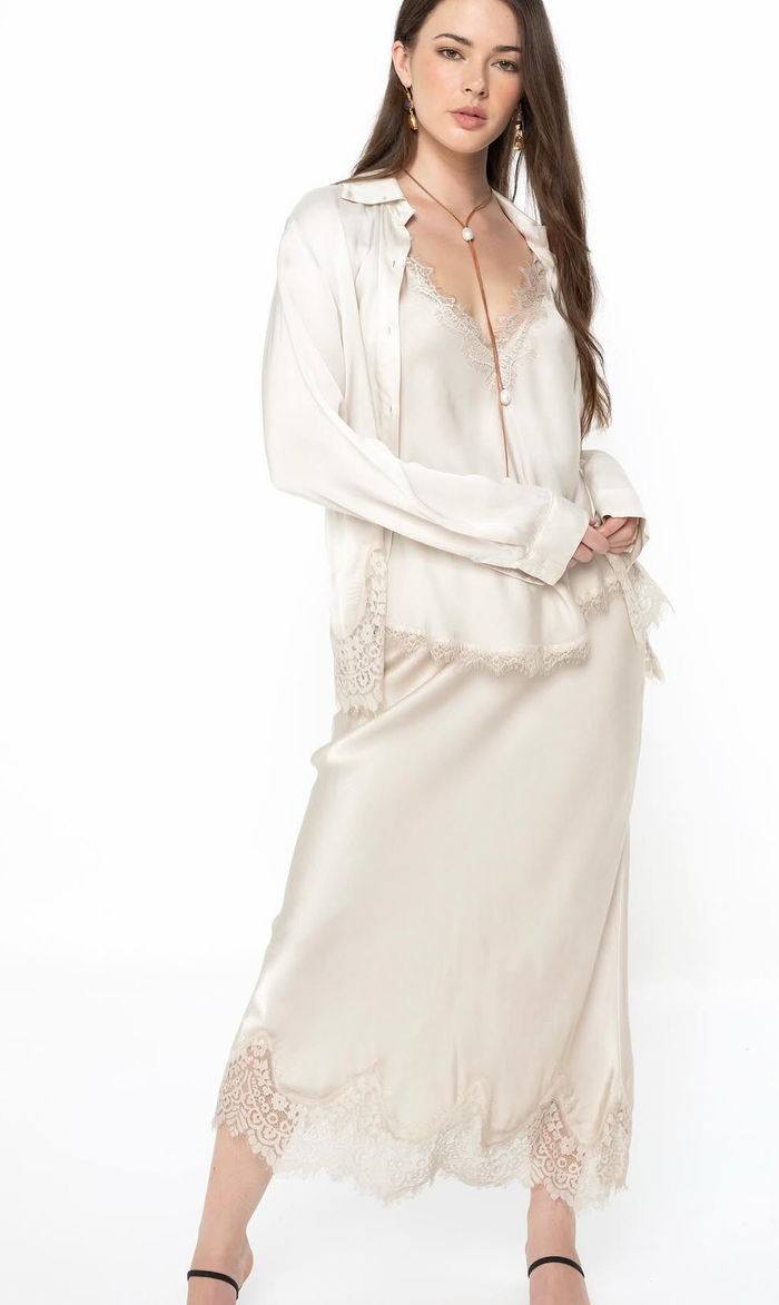 Elizabeth Scott Satin Skirt with Lace details  Stone